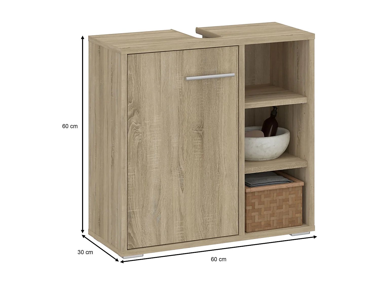 Meuble sous lavabo NISTOS rangement de salle de bain avec 1 porte et 3 étagères couleur chêne sonoma