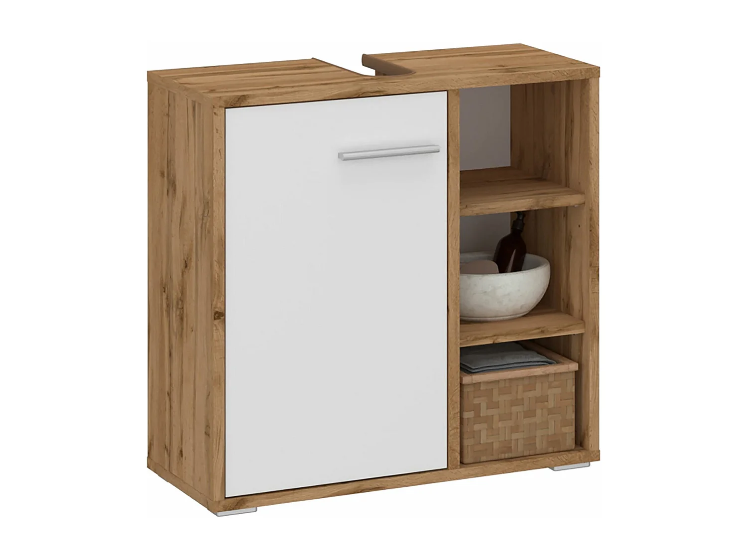 Meuble sous lavabo NISTOS rangement de salle de bain avec 1 porte et 3 étagères couleur chêne wotan et blanc