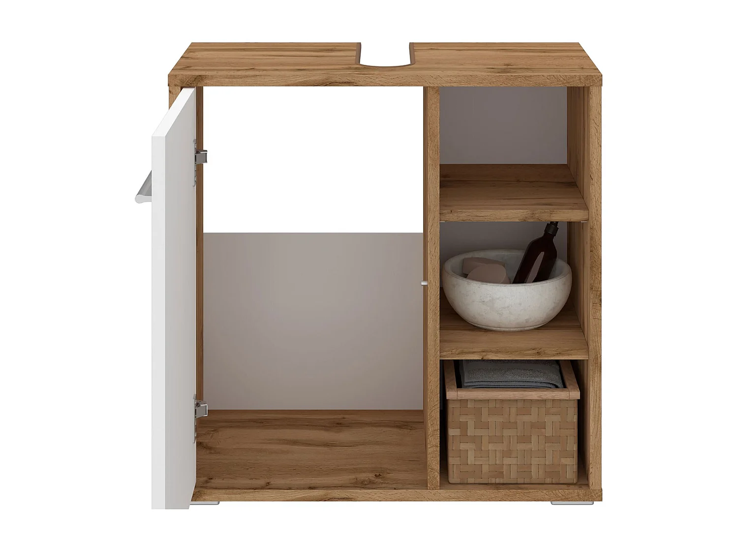 Meuble sous lavabo NISTOS rangement de salle de bain avec 1 porte et 3 étagères couleur chêne wotan et blanc