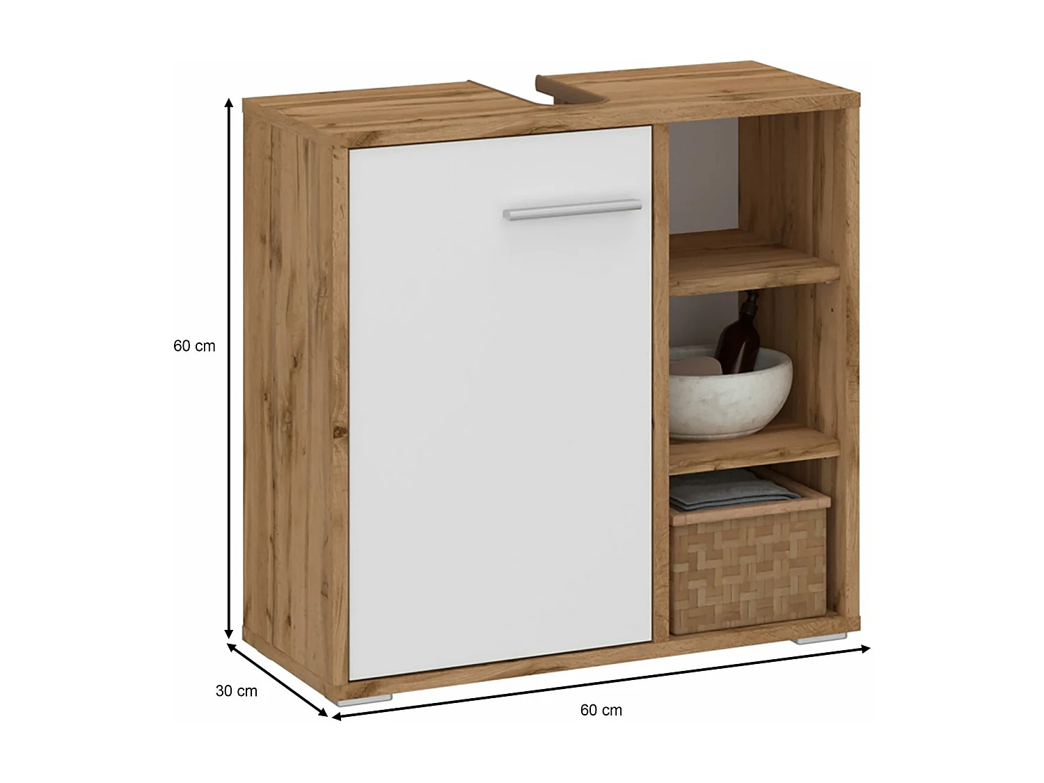 Meuble sous lavabo NISTOS rangement de salle de bain avec 1 porte et 3 étagères couleur chêne wotan et blanc