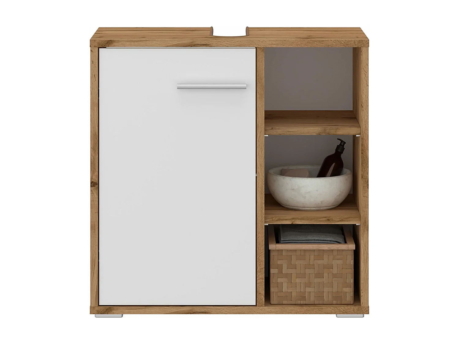 Meuble sous lavabo NISTOS rangement de salle de bain avec 1 porte et 3 étagères couleur chêne wotan et blanc