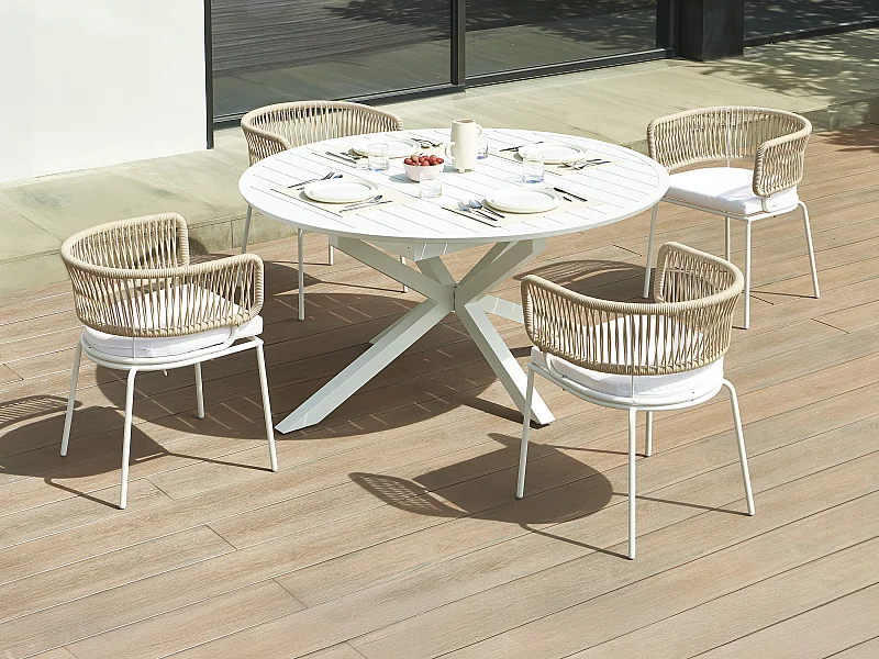 Sala da pranzo giardino alluminio: tavolo allun. L.150/200 4poltrone metallo corda Beige bianco PISTO di MYLIA