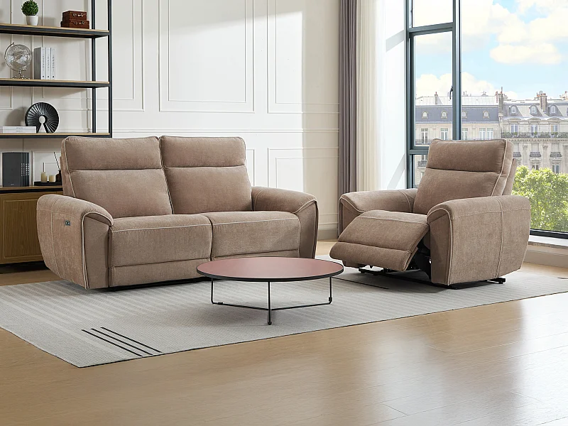 Relaxsofa 3-Sitzer & Relaxsessel elektrisch - Stoff - Taupe - DJARALO