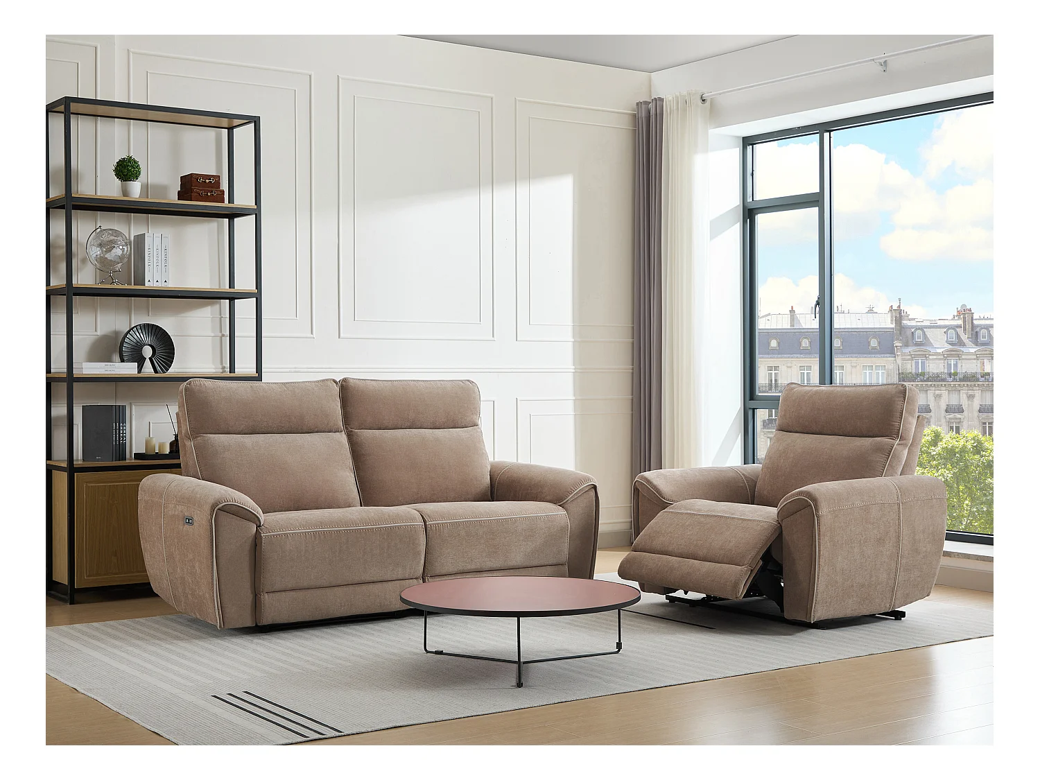 Canapé 3 places et fauteuil relax électrique en tissu taupe DJARALO