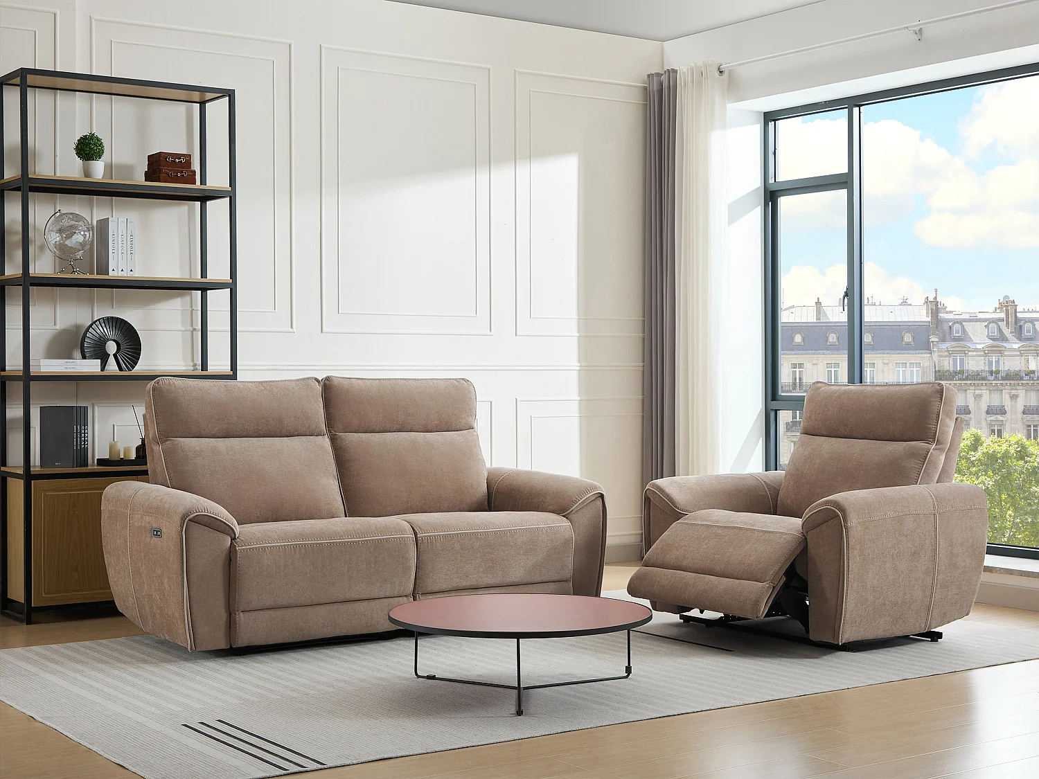 Canapé 3 places et fauteuil relax électrique en tissu taupe DJARALO