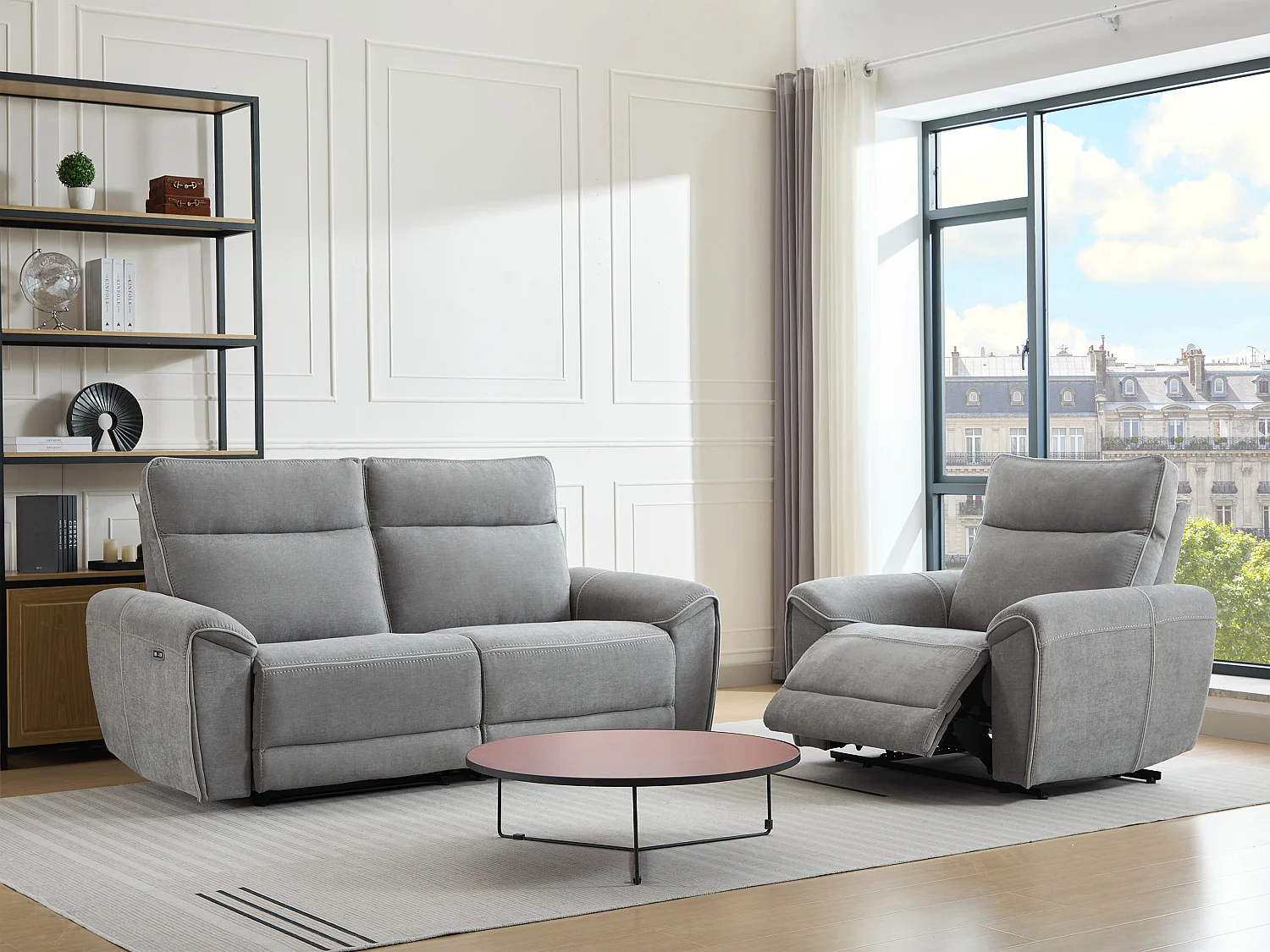 Relaxsofa 3-Sitzer & Relaxsessel elektrisch - Stoff - Grau - DJARALO