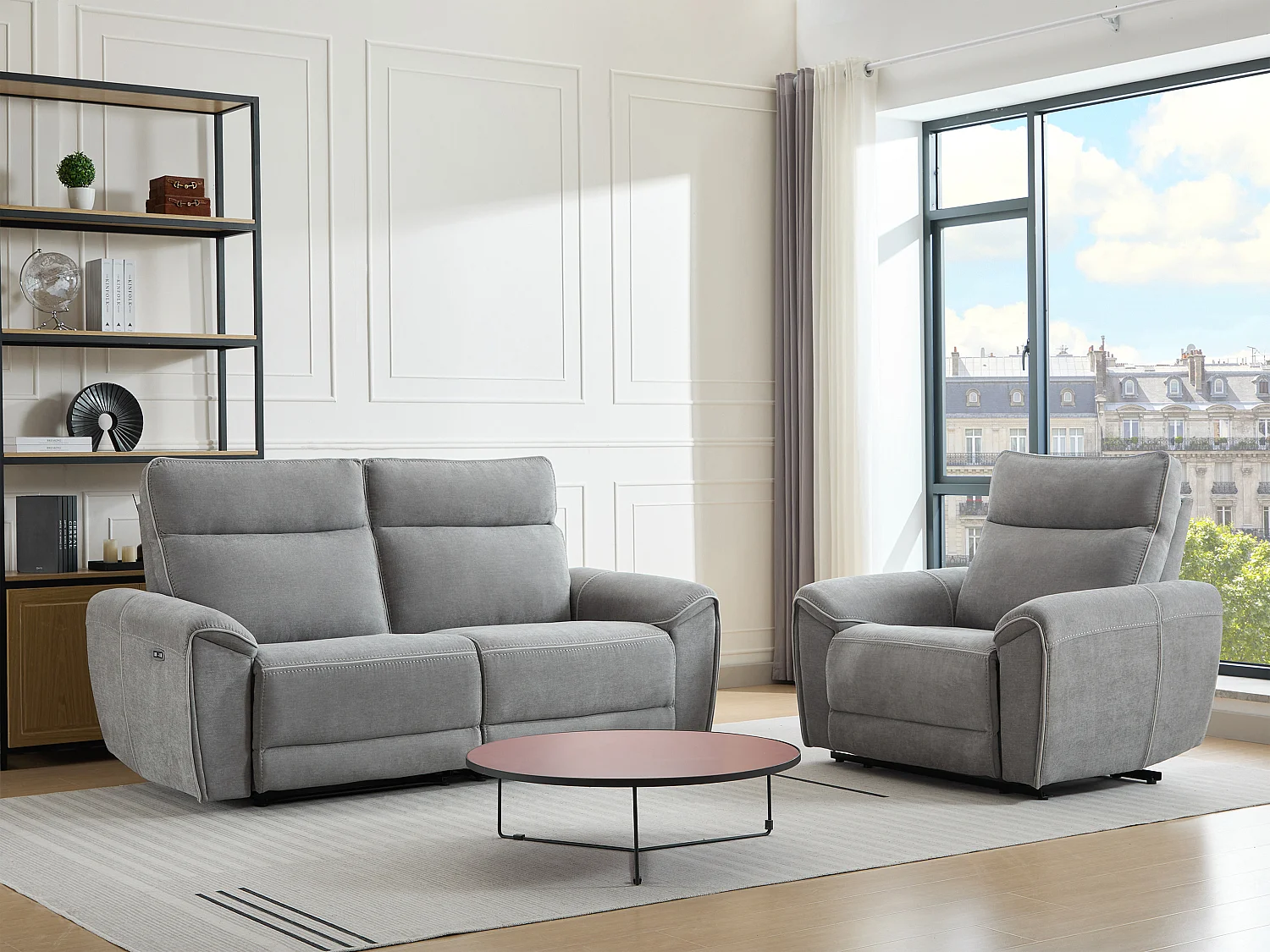 Canapé 3 places et fauteuil relax électrique en tissu gris DJARALO