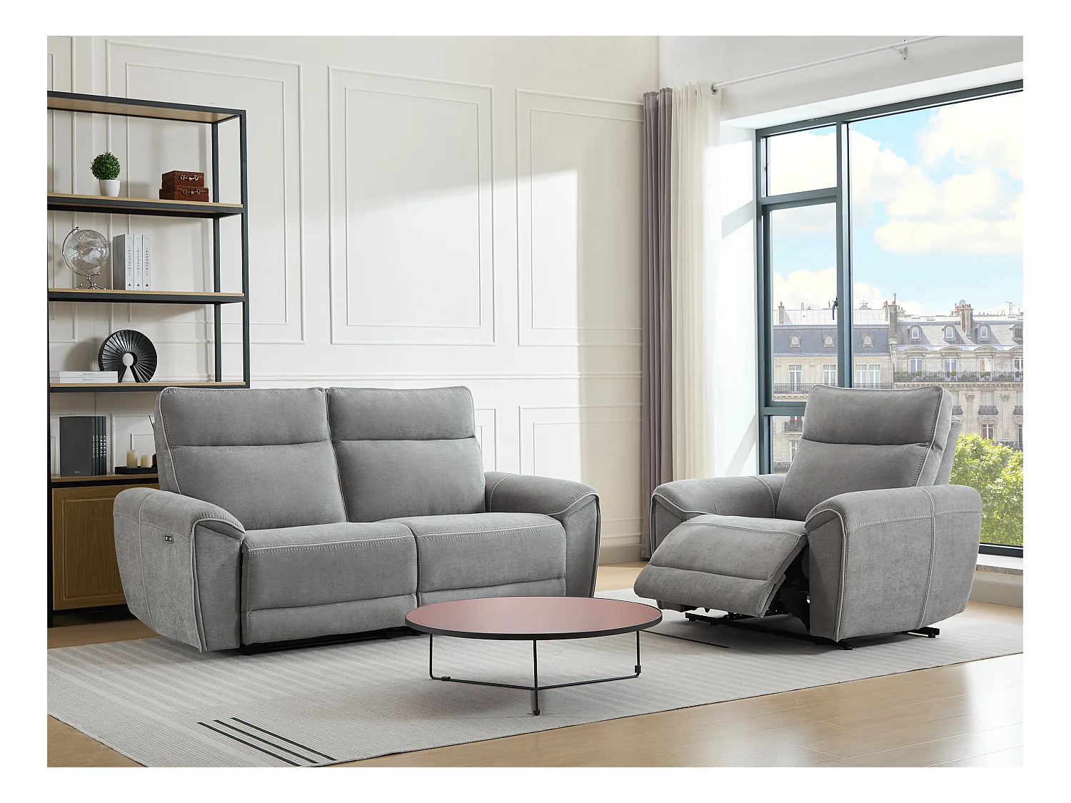 Canapé 3 places et fauteuil relax électrique en tissu gris DJARALO