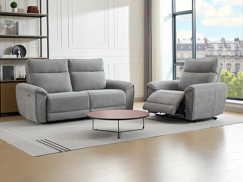 Canapé 3 places et fauteuil relax électrique en tissu gris DJARALO