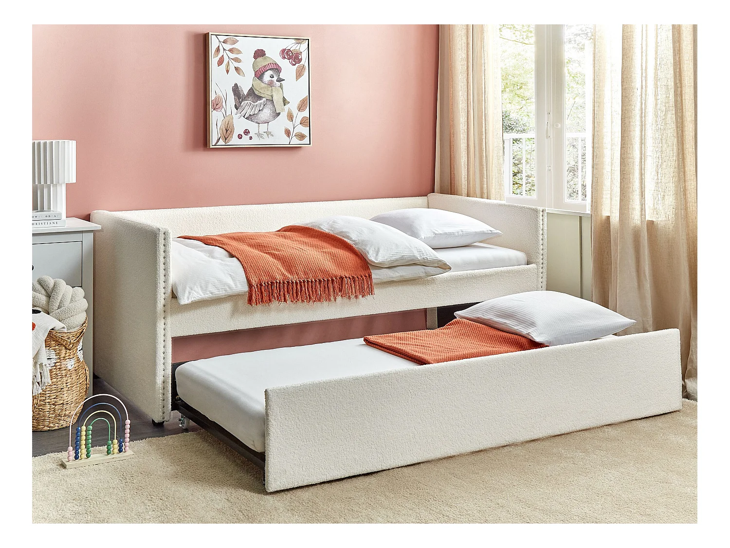Onderschuifbed Bouclé TROYES 90 x 200 cm Lichtbeige