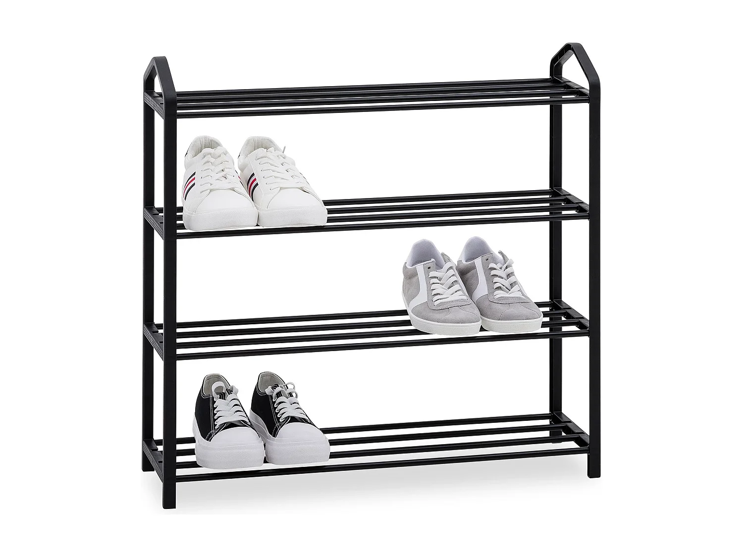 Étagère à chaussures TRALEE à quatre niveaux, meuble rangement pour chaussures, 12 à 16 paires, en métal et plastique noir