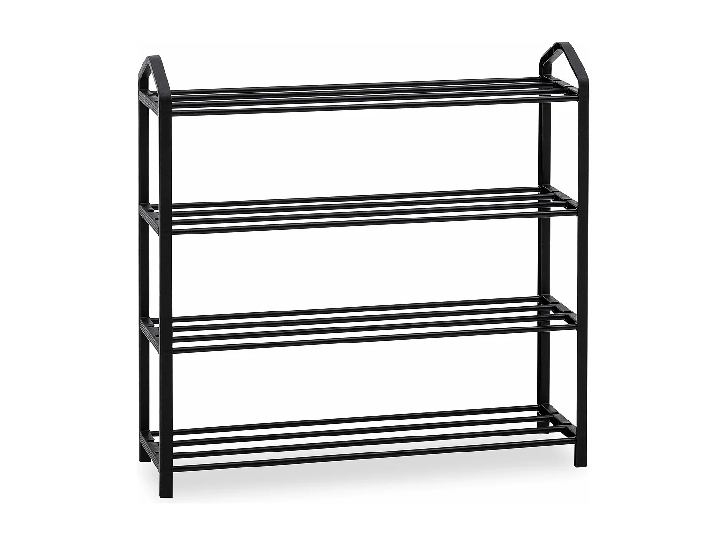 Étagère à chaussures TRALEE à quatre niveaux, meuble rangement pour chaussures, 12 à 16 paires, en métal et plastique noir