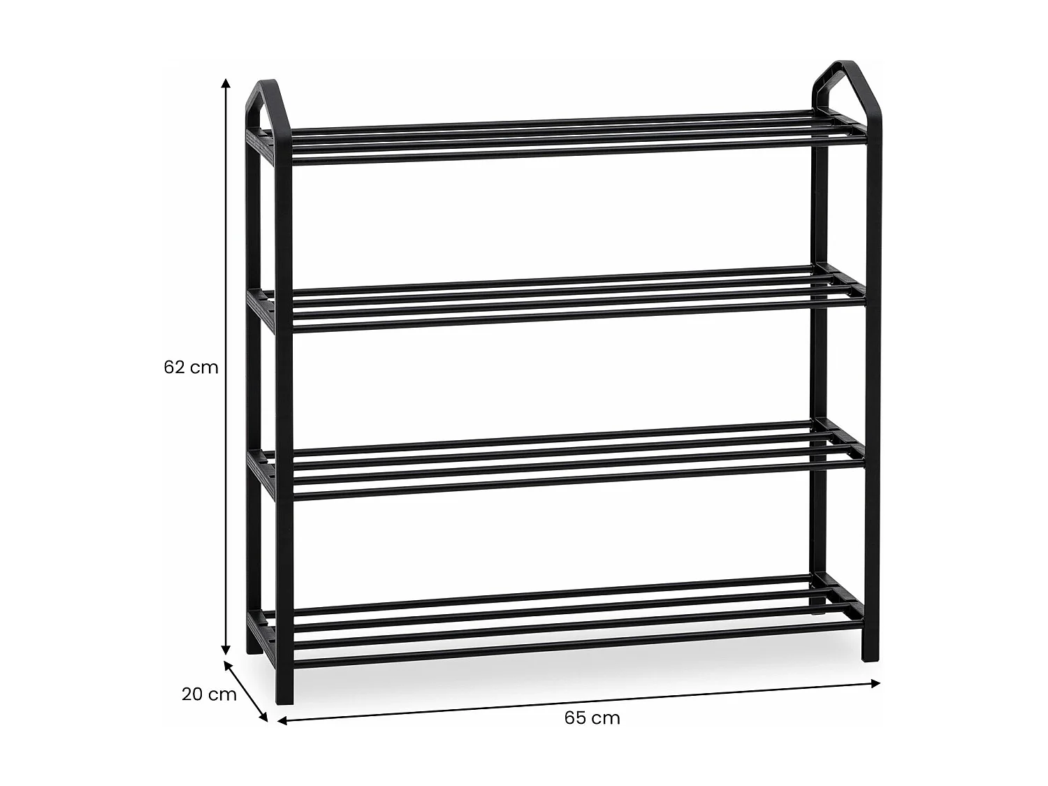Étagère à chaussures TRALEE à quatre niveaux, meuble rangement pour chaussures, 12 à 16 paires, en métal et plastique noir