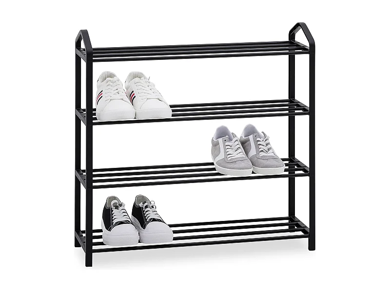 Étagère à chaussures TRALEE à quatre niveaux, meuble rangement pour chaussures, 12 à 16 paires, en métal et plastique noir
