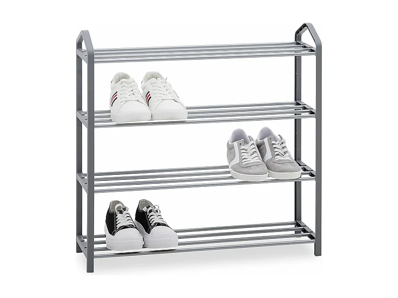 Étagère à chaussures TRALEE à quatre niveaux, meuble rangement pour chaussures, 12 à 16 paires, en métal et plastique gris
