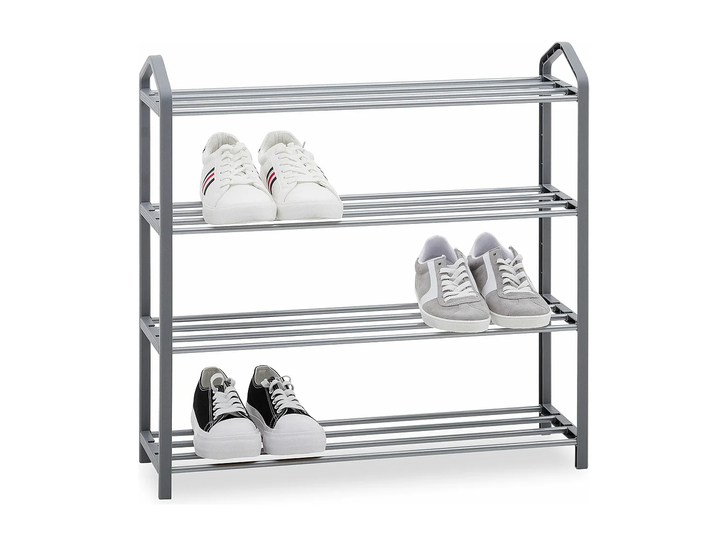 Étagère à chaussures TRALEE à quatre niveaux, meuble rangement pour chaussures, 12 à 16 paires, en métal et plastique gris