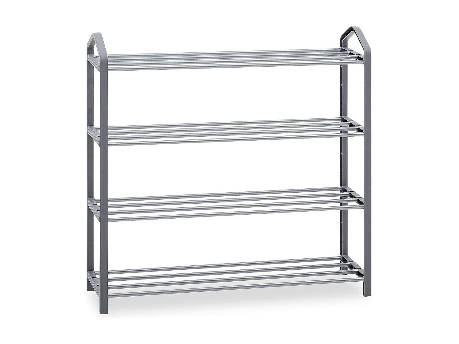 Étagère à chaussures TRALEE à quatre niveaux, meuble rangement pour chaussures, 12 à 16 paires, en métal et plastique gris