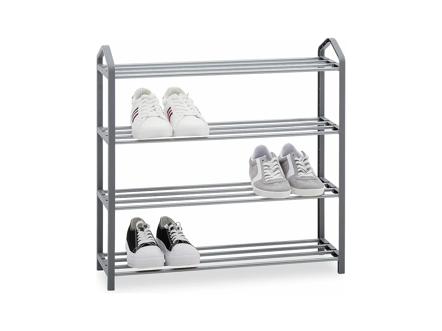 Étagère à chaussures TRALEE à quatre niveaux, meuble rangement pour chaussures, 12 à 16 paires, en métal et plastique gris