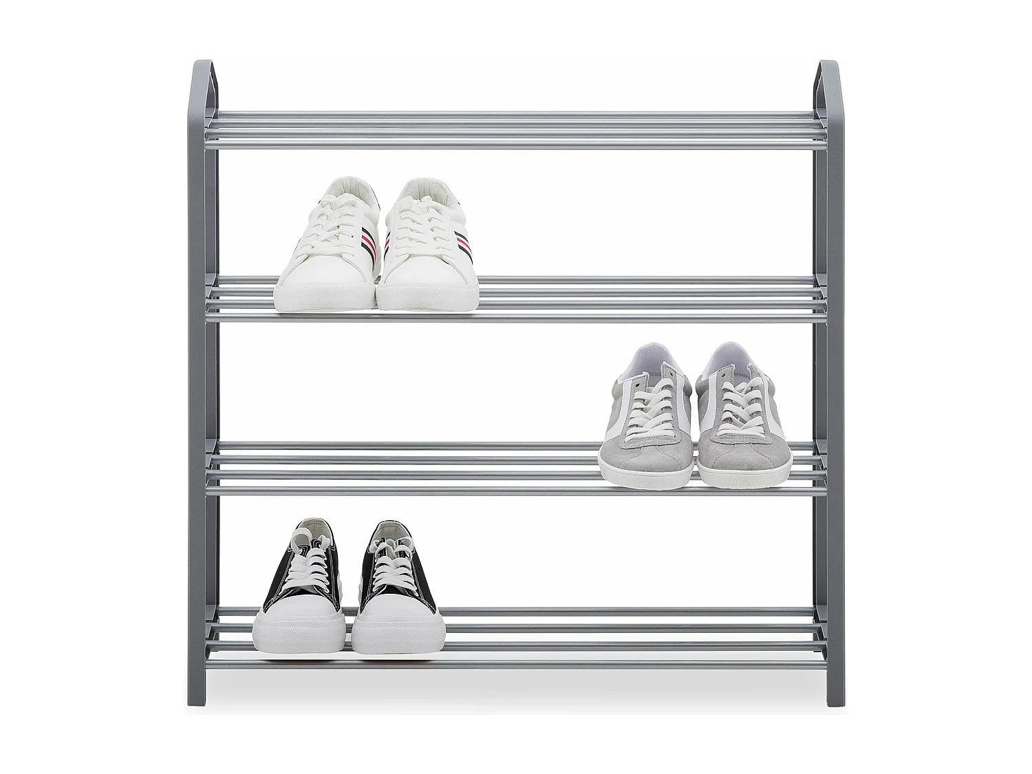 Étagère à chaussures TRALEE à quatre niveaux, meuble rangement pour chaussures, 12 à 16 paires, en métal et plastique gris