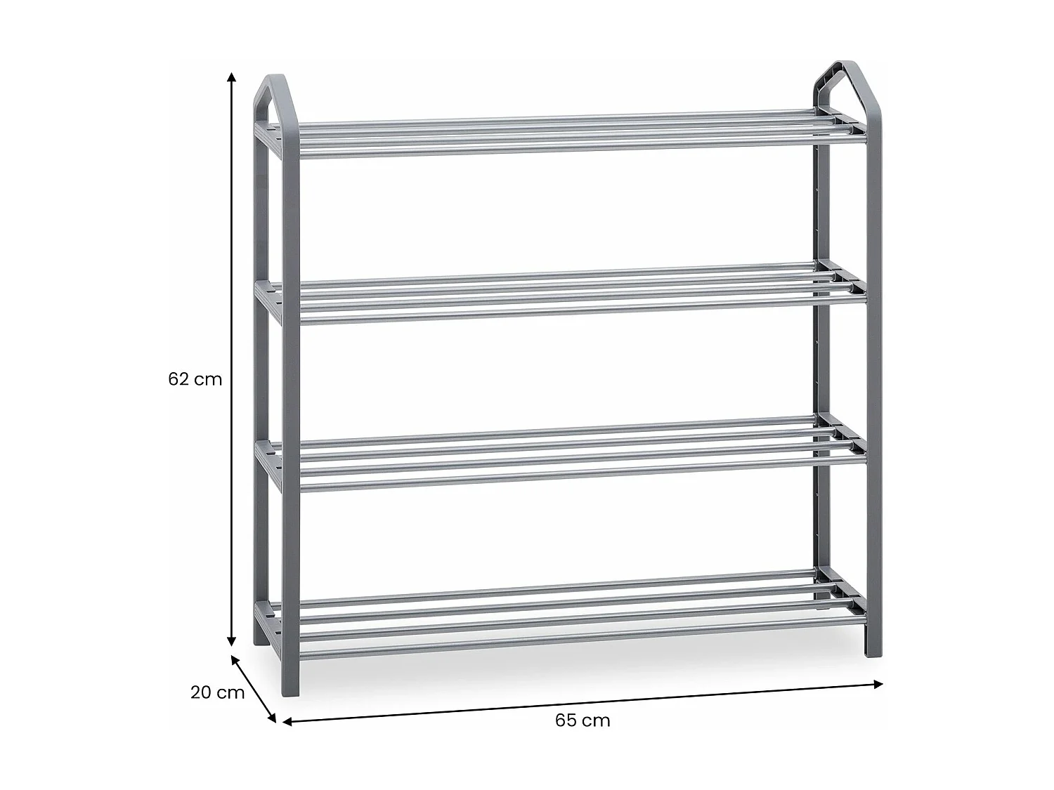 Étagère à chaussures TRALEE à quatre niveaux, meuble rangement pour chaussures, 12 à 16 paires, en métal et plastique gris