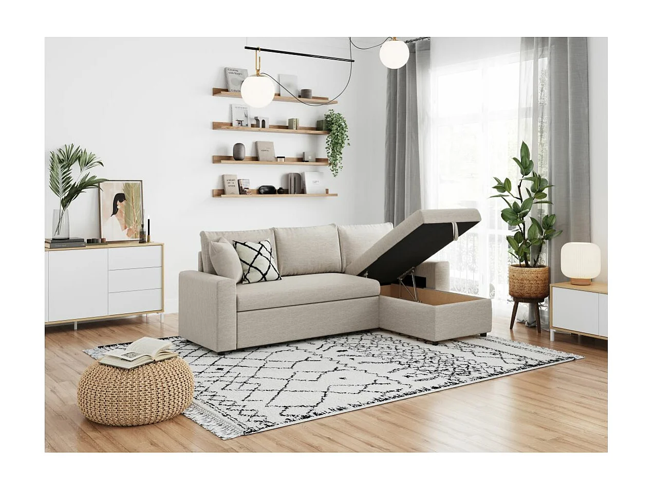 Canapé d'angle 4 places Convertible et Réversible Maria avec Coffre en tissu - Beige - L227 x P146 x H81cm - Loungitude