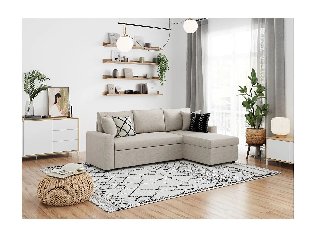 Canapé d'angle 4 places Convertible et Réversible Maria avec Coffre en tissu - Beige - L227 x P146 x H81cm - Loungitude