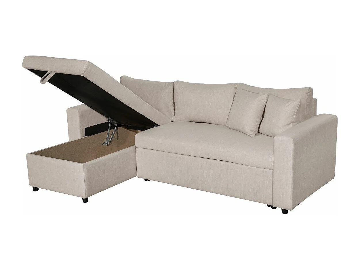 Canapé d'angle 4 places Convertible et Réversible Maria avec Coffre en tissu - Beige - L227 x P146 x H81cm - Loungitude