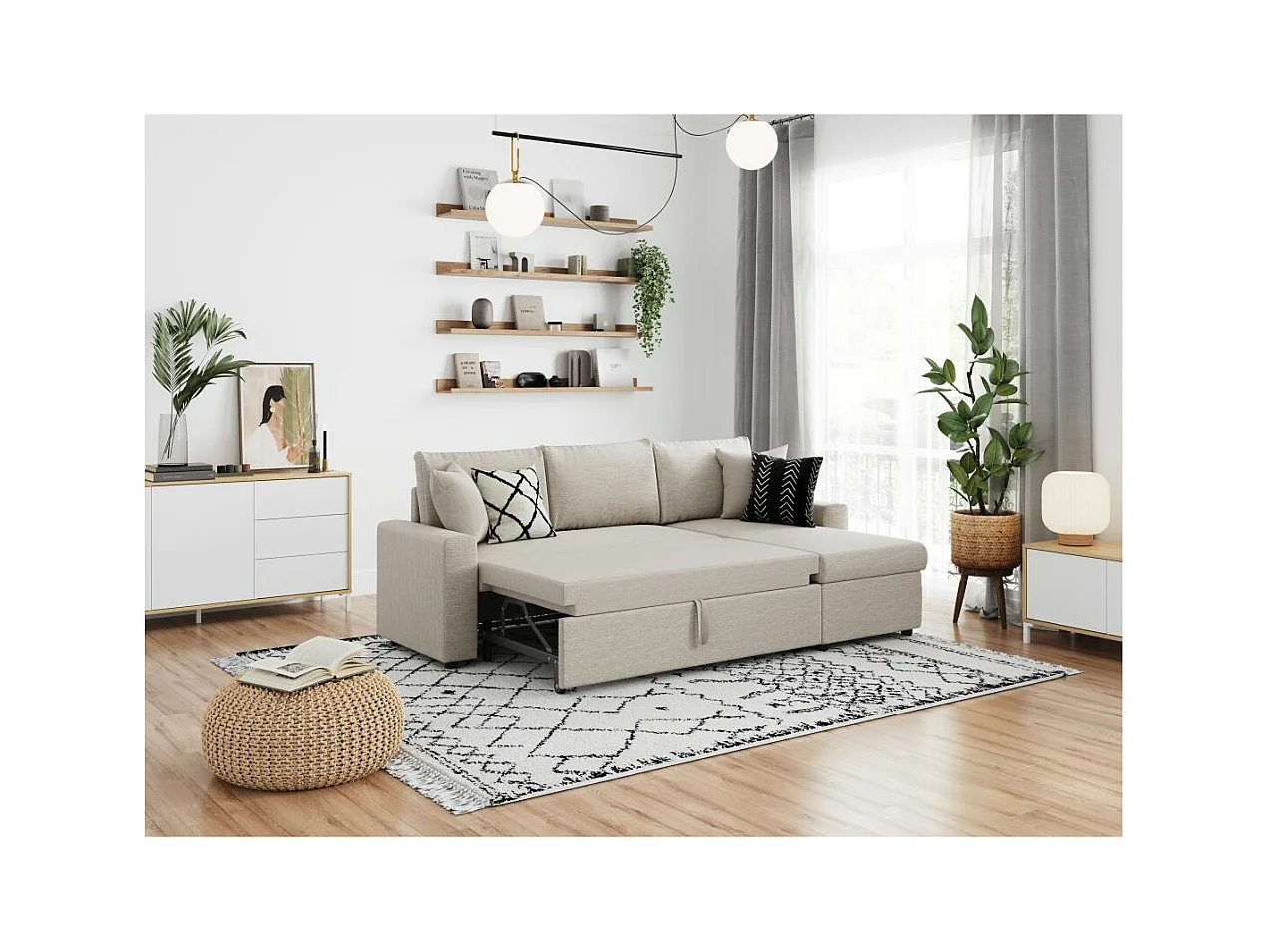 Canapé d'angle 4 places Convertible et Réversible Maria avec Coffre en tissu - Beige - L227 x P146 x H81cm - Loungitude