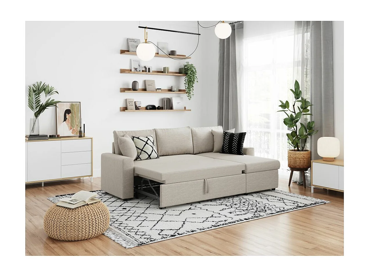 Canapé d'angle 4 places convertible et Réversible Maria avec Coffre en tissu - Beige - L227 x P146 x H81cm - Loungitude