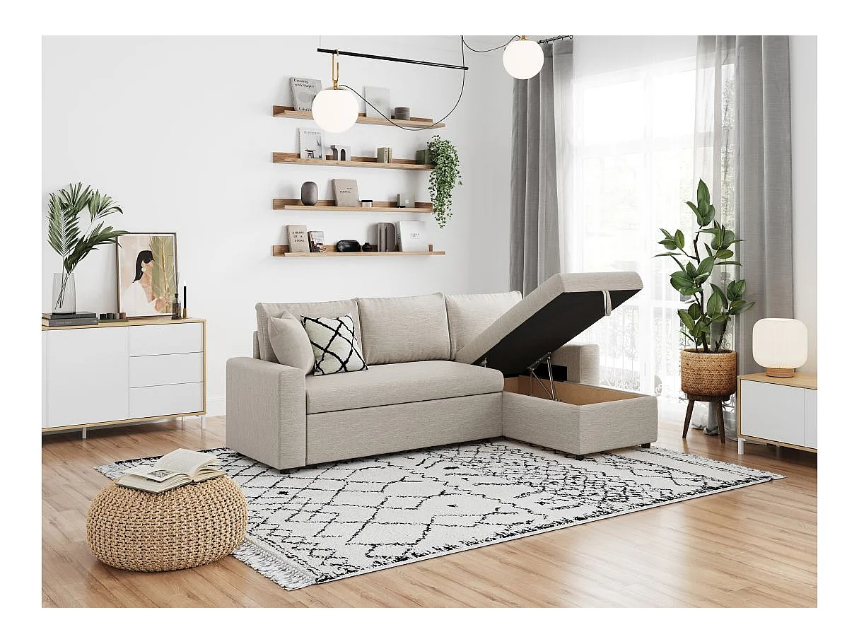 Canapé d'angle convertible 4 places avec coffre en tissu beige MARIA
