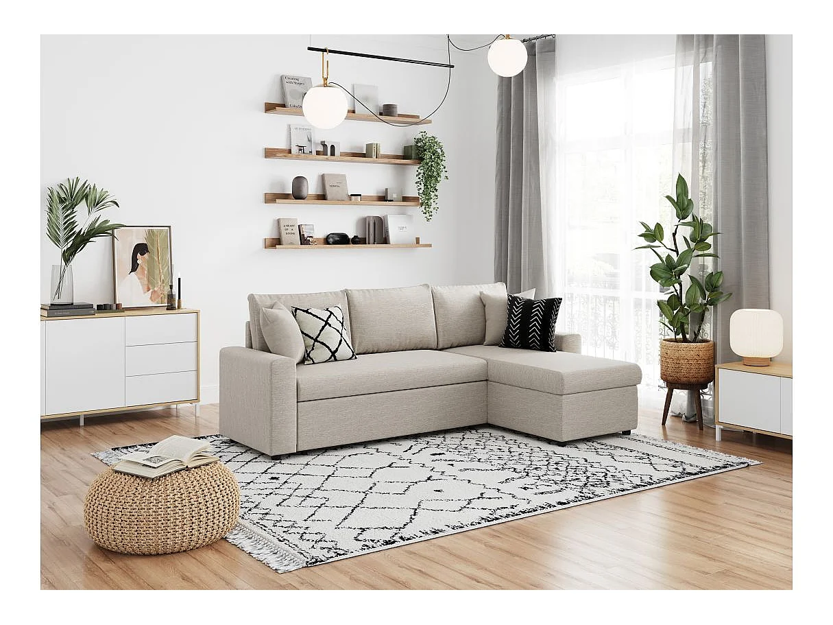 Canapé d'angle convertible 4 places avec coffre en tissu beige MARIA