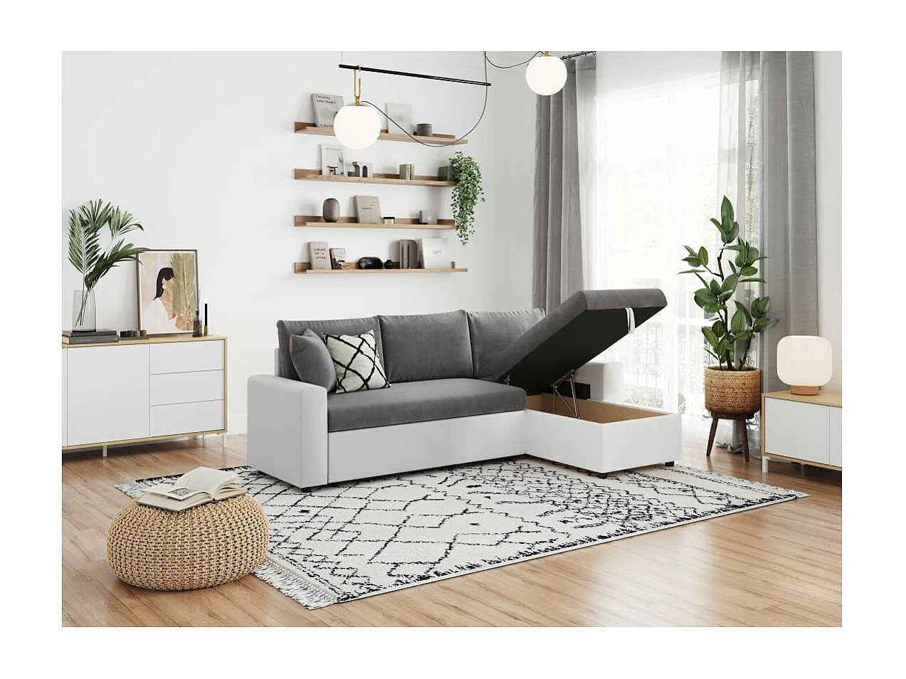 Canapé d'angle 4 places Convertible et Réversible Maria en simili/microfibre - Blanc/Gris - L227 x P146 x H81cm - Loungitude