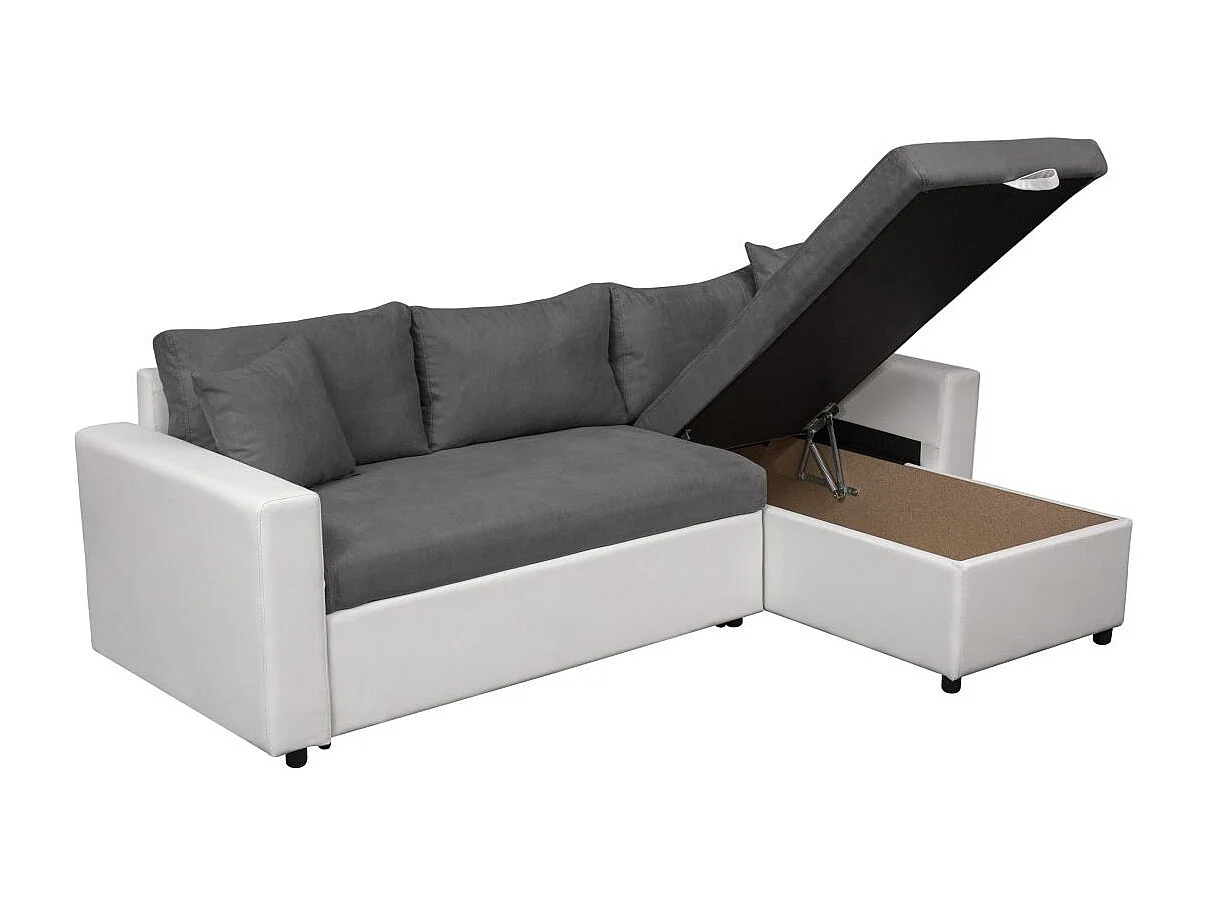 Canapé d'angle 4 places Convertible et Réversible Maria en simili/microfibre - Blanc/Gris - L227 x P146 x H81cm - Loungitude
