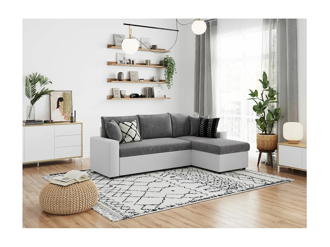 Canapé d'angle 4 places convertible et Réversible Maria en simili/microfibre - Blanc/Gris - L227 x P146 x H81cm - Loungitude