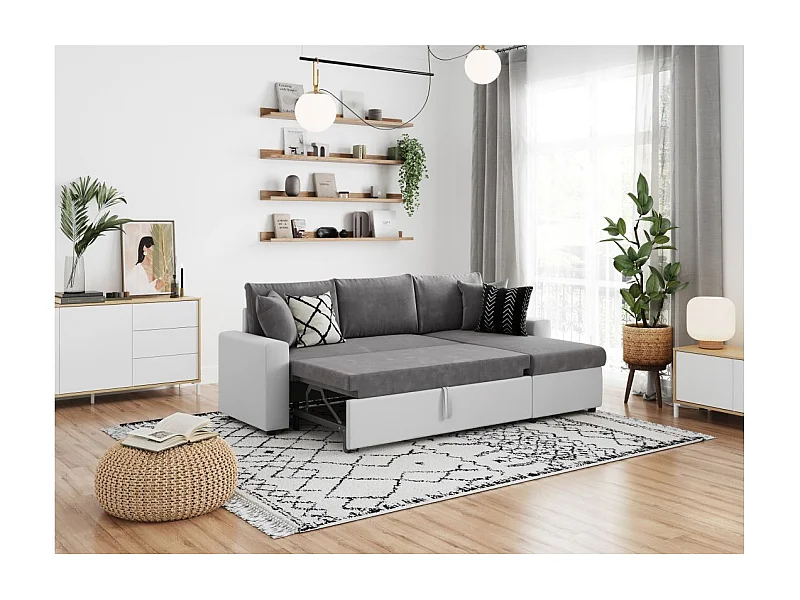 Canapé d'angle 4 places convertible et Réversible Maria en simili/microfibre - Blanc/Gris - L227 x P146 x H81cm - Loungitude
