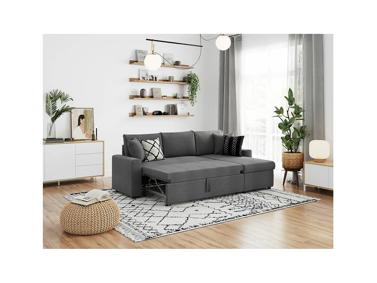 Canapé d'angle 4 places Convertible et Réversible Maria avec Coffre en tissu - Gris anthracite - L227 x P146 x H81cm - Loungitude