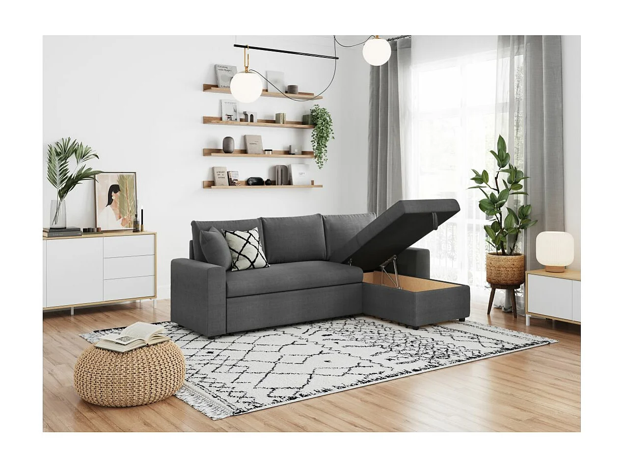 Canapé d'angle 4 places convertible et Réversible Maria avec Coffre en tissu - Gris anthracite - L227 x P146 x H81cm - Loungitude