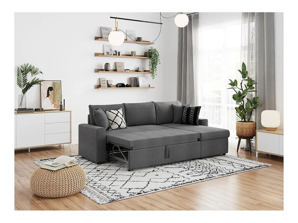 Canapé d'angle 4 places convertible et Réversible Maria avec Coffre en tissu - Gris anthracite - L227 x P146 x H81cm - Loungitude