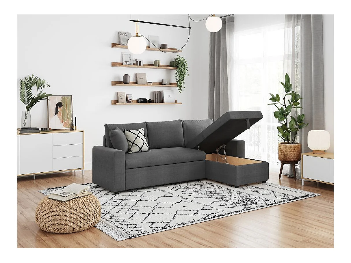 Canapé d'angle 4 places convertible et Réversible Maria avec Coffre en tissu - Gris anthracite - L227 x P146 x H81cm - Loungitude