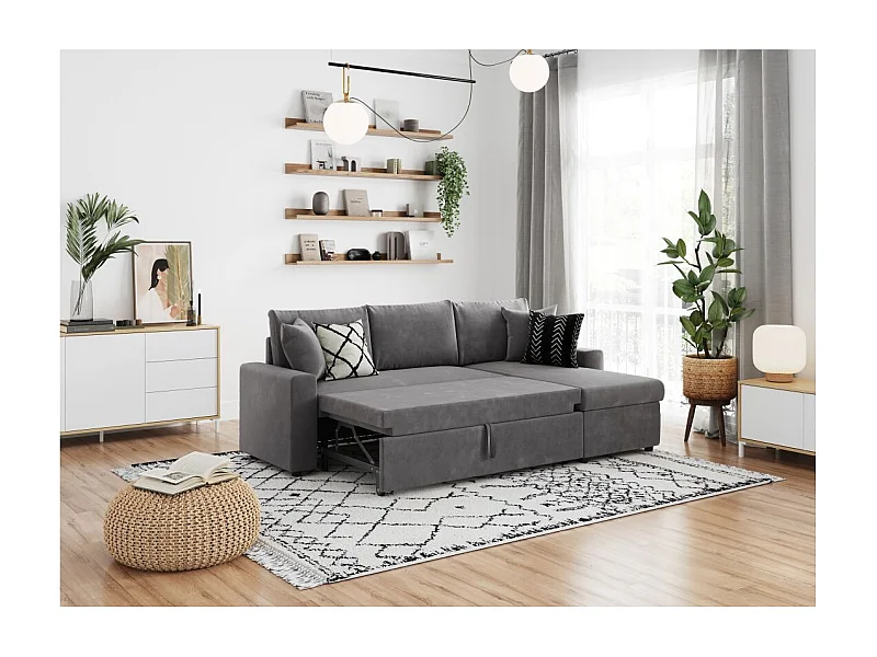 Canapé d'angle 4 places Convertible et Réversible Maria avec Coffre en microfibre - Gris - L227 x P146 x H81cm - Loungitude