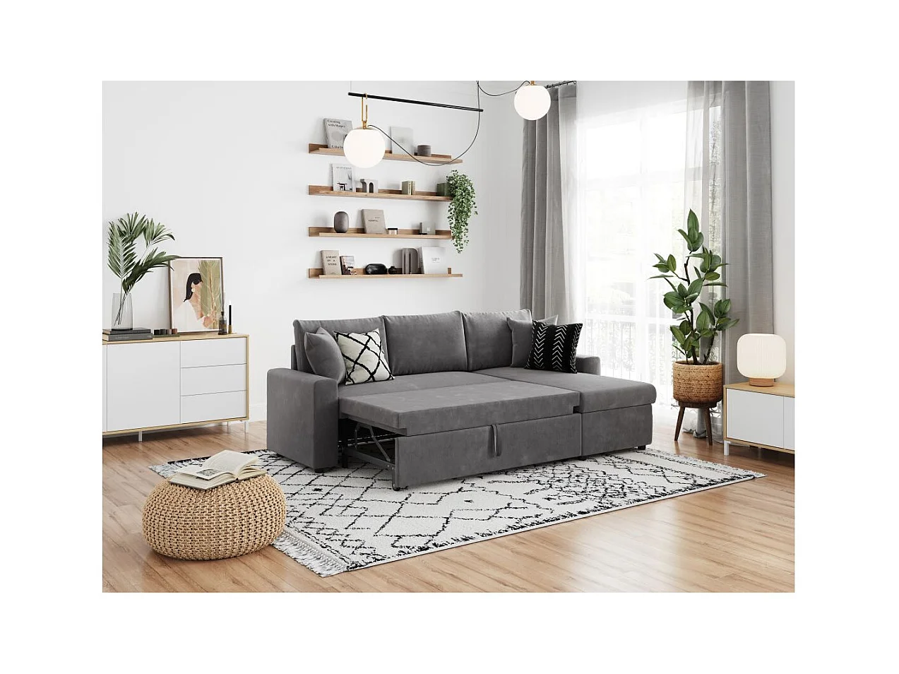 Canapé d'angle 4 places Convertible et Réversible Maria avec Coffre en microfibre - Gris - L227 x P146 x H81cm - Loungitude