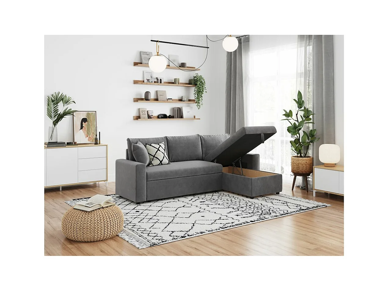 Canapé d'angle 4 places Convertible et Réversible Maria avec Coffre en microfibre - Gris - L227 x P146 x H81cm - Loungitude