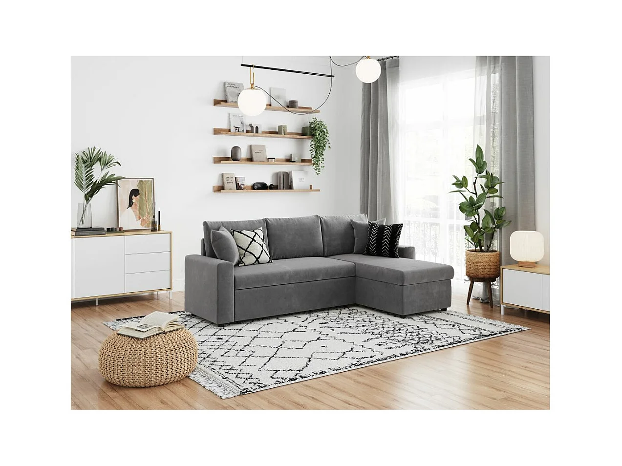Canapé d'angle 4 places Convertible et Réversible Maria avec Coffre en microfibre - Gris - L227 x P146 x H81cm - Loungitude