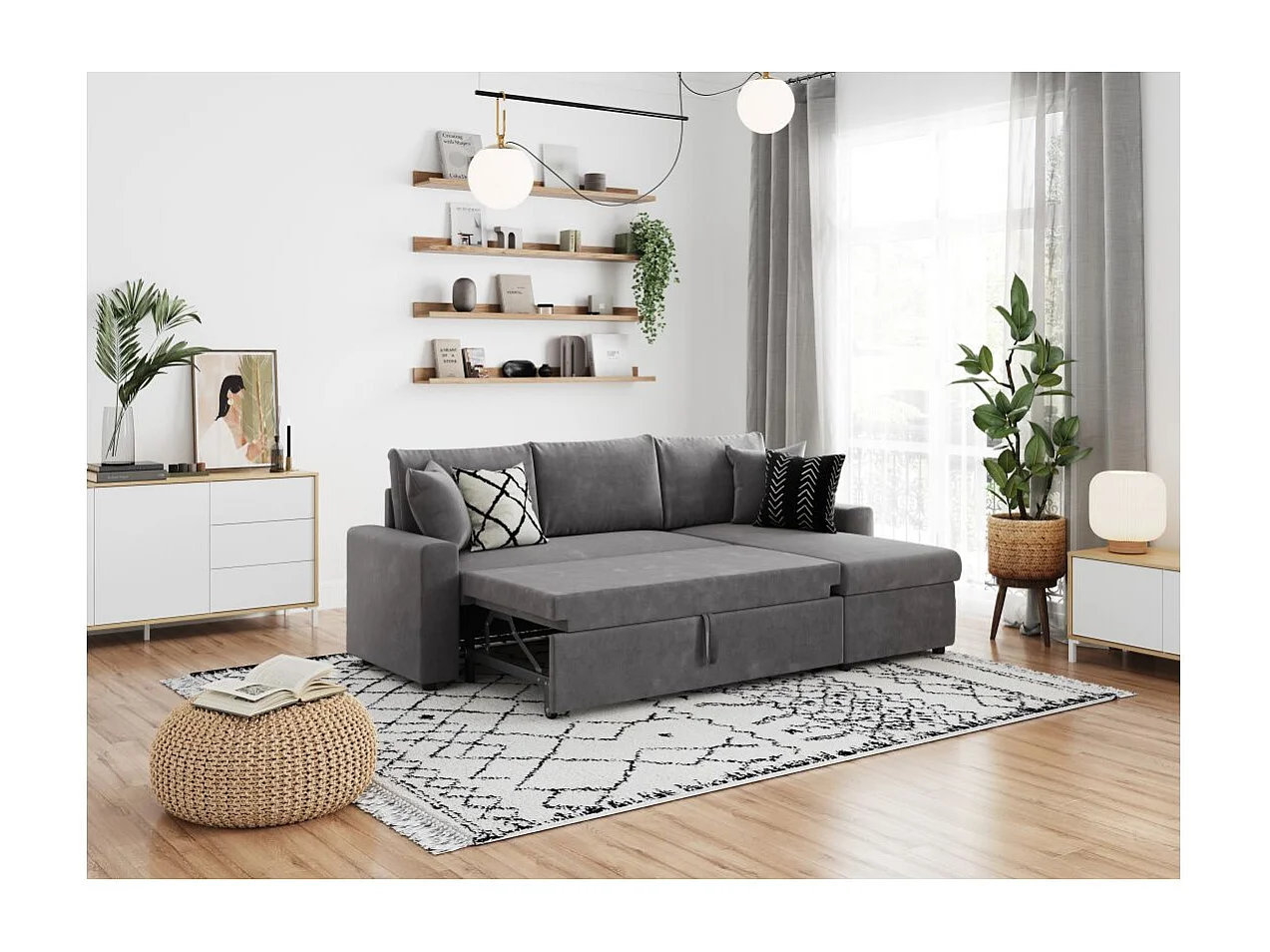 Canapé d'angle 4 places convertible et Réversible Maria avec Coffre en microfibre - Gris - L227 x P146 x H81cm - Loungitude