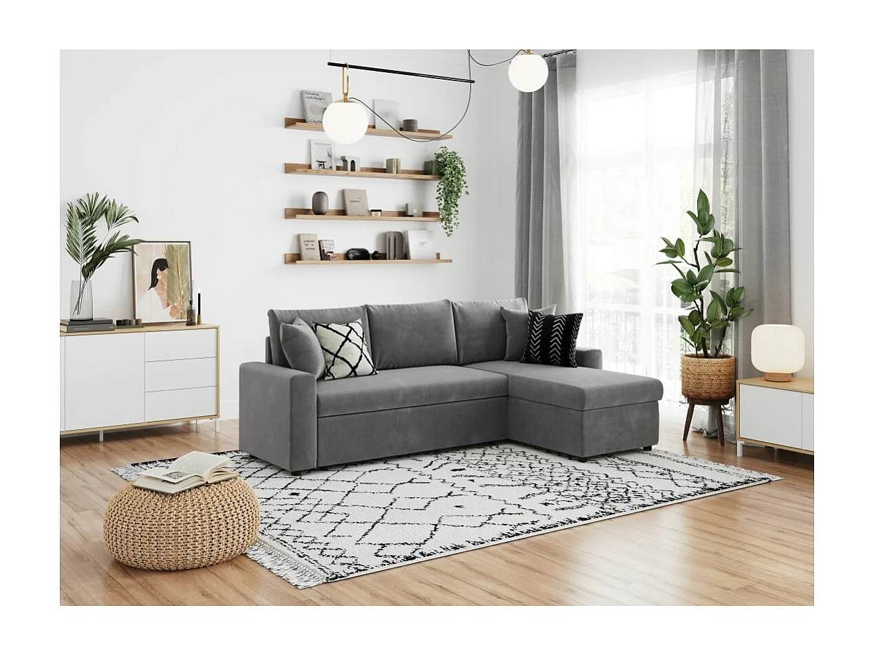 Canapé d'angle 4 places convertible et Réversible Maria avec Coffre en microfibre - Gris - L227 x P146 x H81cm - Loungitude