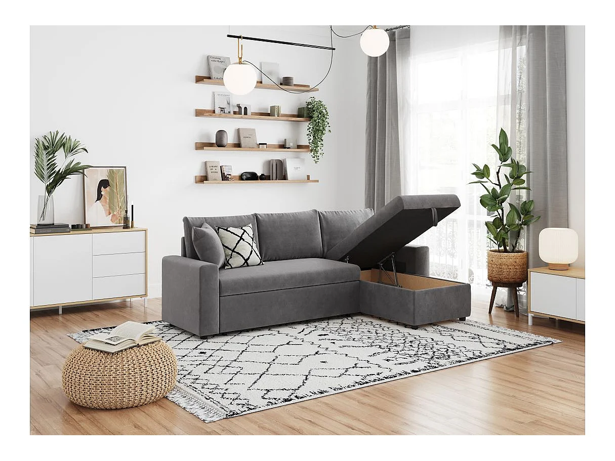 Canapé d'angle 4 places convertible et Réversible Maria avec Coffre en microfibre - Gris - L227 x P146 x H81cm - Loungitude