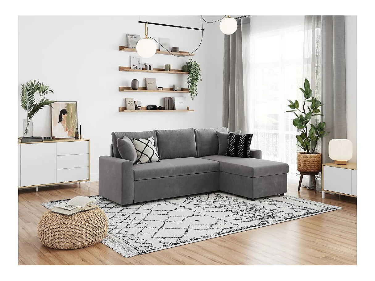 Canapé d'angle 4 places convertible et Réversible Maria avec Coffre en microfibre - Gris - L227 x P146 x H81cm - Loungitude