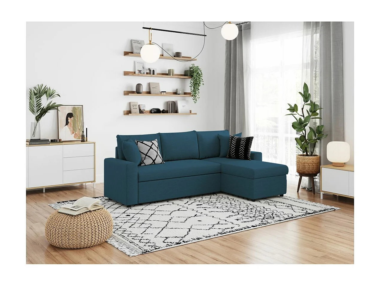 Canapé d'angle 4 places Convertible et Réversible Maria avec Coffre en tissu - Bleu - L227 x P146 x H81cm - Loungitude