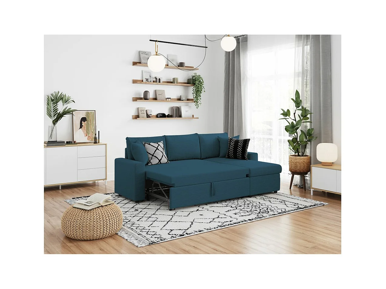 Canapé d'angle 4 places Convertible et Réversible Maria avec Coffre en tissu - Bleu - L227 x P146 x H81cm - Loungitude