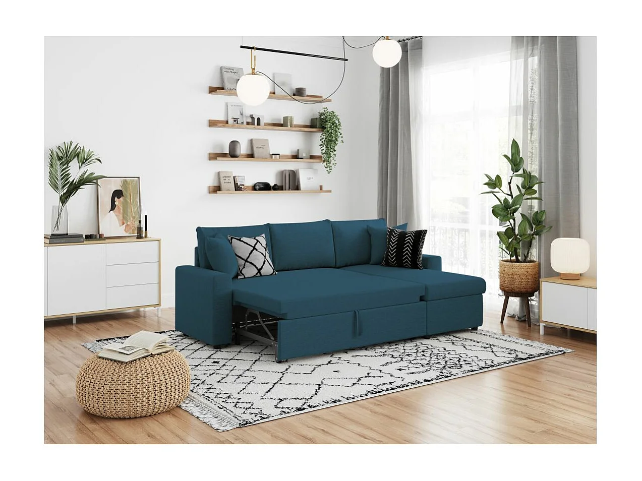 Canapé d'angle 4 places convertible et Réversible Maria avec Coffre en tissu - Bleu - L227 x P146 x H81cm - Loungitude